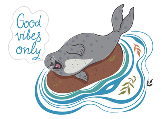 Postcard with a cute seal and an inscription. Vector graphics.