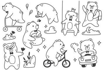 Set of Cartoon Teddy Bear Poses in Doodle Style Vector Illustration