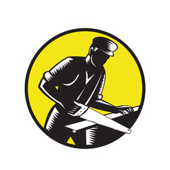 19th Century Carpenter Sawing Wood Circle Woodcut