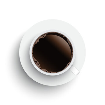 Realistic top view black coffee cup and saucer background. illustration