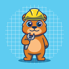 Cute bear wearing construction hat and holding wrench vector illustration