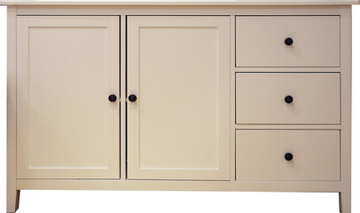 low cabinet ,cream and white cabinet with open drawers. front view