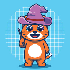 Cute cat in witch costume vector illustration. Flat cartoon style.