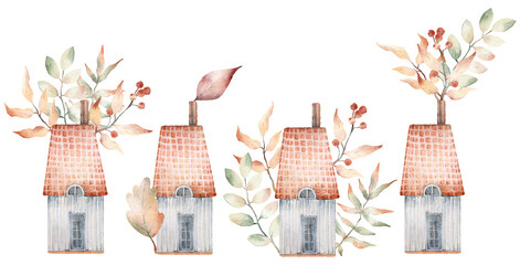 Watercolor hand drawn autumn set with delicate illustration of cute rustic old houses, colorful leaves of season trees, leaf fall, red berries. Elements isolated on white background.