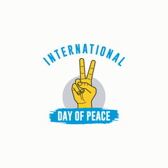 Man hand gesturing peace sign V with pigeon and olive branch and text happy peace day vector illustration. International peace day concept. Annual holiday celebration. Nonviolence symbol