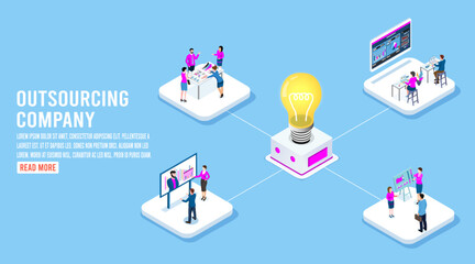 3D isometric outsourcing company concept with Idea of teamwork, project delegation, business strategy, software development service.  Vector illustration eps10