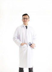 Portaite of asian male doctor in white coat standing over white background.