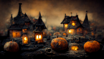 Fototapeta na wymiar Witch's village with pumpkins for halloween festival.realistic halloween festival illustration. The background has a blur that mimics a photograph.