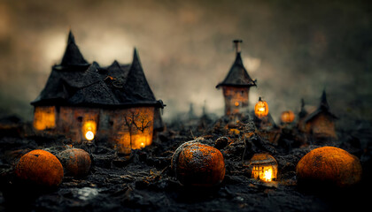 Obraz premium Witch's village with pumpkins for halloween festival.realistic halloween festival illustration. The background has a blur that mimics a photograph.
