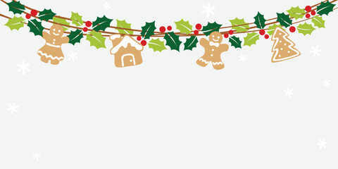Christmas bunting with holly leaves  and gingerbread  - 523447713