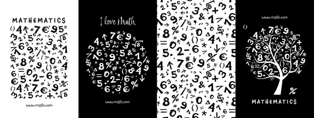 Math concept art collection. Frame, pattern, tree. Set for your design project - cards, banners, poster, web, print, social media, promotional materials. Vector illustration