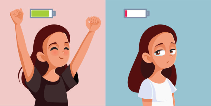 Energetic vs Tired Teen Girl Vector Cartoon Illustration. Adolescent feeling low in every after being in a good mood

