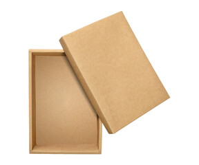 Cardboard box with brown lid isolated on transparent background. Lid open box. Packaging box