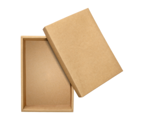 Cardboard box with brown lid isolated on transparent background. Lid open box. Packaging box