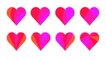 Set of multicolour segmented hearts. Vector flat illustration isolated on white background.