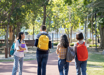 Group of asian teenager outdoors on sunny day. Summer camp..