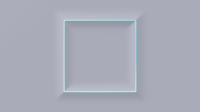Minimalist Tech Background with Raised Square and Turquoise Illuminated Edge. White Surface with Embossed 3D Shape. 3D Render.