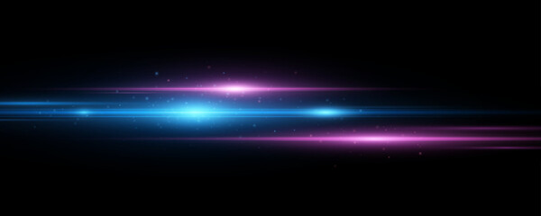 Realistic blue and purple light effect isolated on black background. Horizontal bright flash with beams and sparks. Bright explosion Vector illustration