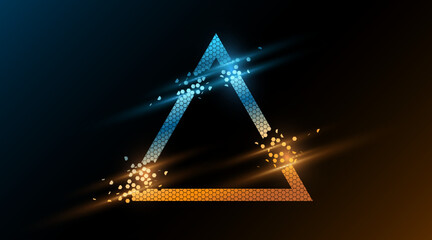 Futuristic glowing triangular banner of crumbling hexagons with light effect on dark background. Abstract disintegrating triangle. Digital banner. Vector illustration