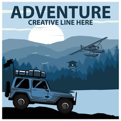 jeep car, adventure on the side hill - obrazy, fototapety, plakaty
