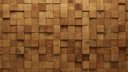 3D Tiles arranged to create a Natural wall. Timber, Wood Background formed from Square blocks. 3D Render
