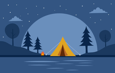 Forest camping near river at night concept vector illustration. Tent with trees in flat design.