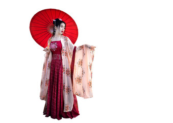 Asian woman wearing red Chinese cultural clothing holding a red umbrella