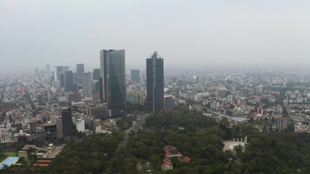 Bad Air Quality Pollution in Metropolis of Downtown Mexico City, Aerial Drone Flight