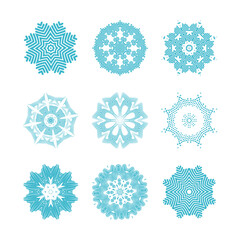 A large set of New Year's snowflakes, lights, salute elements and various decorative signs. Abstract fractal signs for design in vector. Circular decorative flares and lights on a white background. 