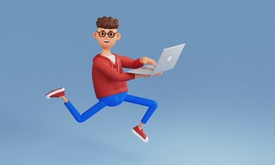 A cartoon character with a laptop in his hands runs trying to do everything. The concept of success. 3d illustration