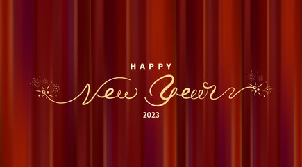 Happy New Year holiday poster with lettering on red curtain. Vector theatrical scene for greeting. Holiday Christmas template with white text and decoration