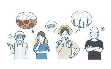 自然災害に困る　農家の人達　負債　台風　豪雨　農業　不作　イラスト