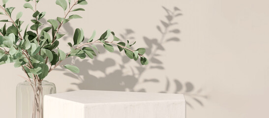 3D render empty blank space on white marble stylish podium for beauty products display with beautiful fresh green eucalyptus leaves bouquet in a vase. Sunlight, Leaves shadow. Natural, Cosmetic, Stand