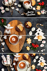 Collage of Christmas composition with hot chocolate and cookies.