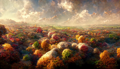 Naklejka na ściany i meble Autumn landscape with autumn trees, idyllic and peaceful amazing nature scenery. 3D illustration.