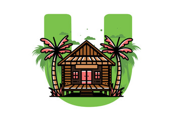 Wood house on the beach illustration badge design