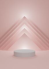 Pastel, light red, salmon pink 3D illustration simple, minimal product display with one cylinder stand with abstract pyramid triangle and lights at the top in the background