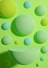 Fototapeta premium Bright, neon green 3d Illustration simple minimal product display background side view abstract colorful bubbles or spheres podium stand for product photography or wallpaper