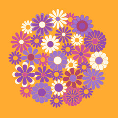 Trendy square groovy greeting card template. Colorful hippie flowers flat vector illustration. Suitable for greeting card, social media posts, mobile apps, banners design and web internet ads. Vector