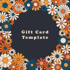 Trendy square groovy greeting card template. Colorful hippie flowers flat vector illustration. Suitable for greeting card, social media posts, mobile apps, banners design and web internet ads. Vector