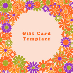 Trendy square groovy greeting card template. Colorful hippie flowers flat vector illustration. Suitable for greeting card, social media posts, mobile apps, banners design and web internet ads. Vector