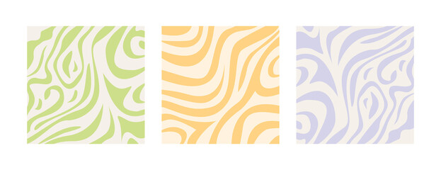 Set of abstract liquid wavy patterns in pastel bleached colors. Psychedelic backgrounds in retro 60s 70s style. Collection of hippie aesthetic groovy print. Vector illustration in flat style.