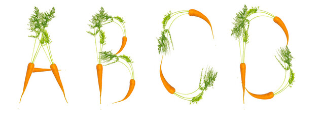 Letters A, B, C, D made of carrots, on a white background