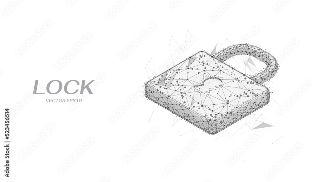 Poster Abstract low poly lock symbol isometric shape vector. Digital wireframe cyber security concept illustration. Geometry triangle black outline background.