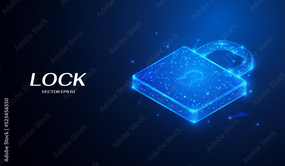Leinwandbilder Low poly wireframe of lock symbol. Technology digital data protection concept vector. Polygonal connection network on blue background.