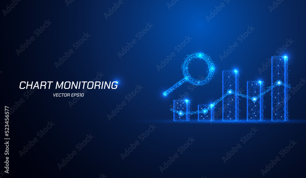 Aufkleber abstract 3d low poly stock chart financial analytics with magnifier vector. digital hologram busines