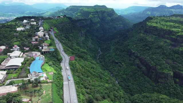 The Mumbai-Pune Expressway during the monsoon season at Khandala near Pune India. The Expressway is officially called the Yashvantrao Chavan Expressway.