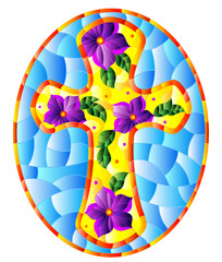 Fototapeta premium Illustration in stained glass style with Christian cross decorated with purple flowers on blue background, oval image