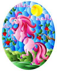 Illustration in stained glass style with a bright pink unicorn on the background of Apple trees, cloudy sky and sun, oval image