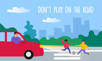 children play football on the road crosswalk in front of car dangerous game vector illustration